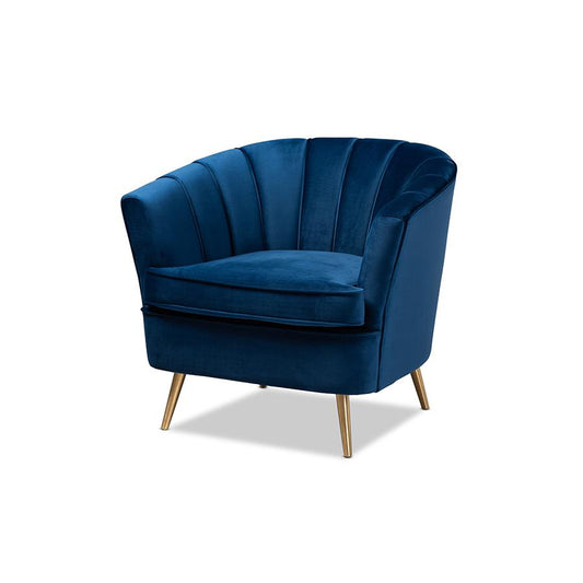 Luxe Navy Blue Velvet Fabric Upholstered Brushed Gold Finished Accent Chair