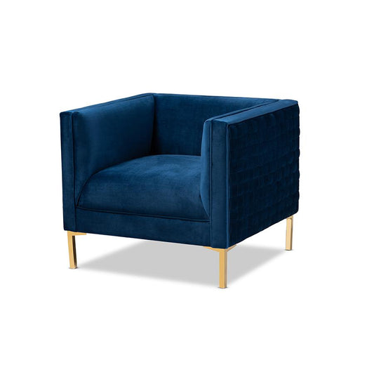 Luxe Navy Blue Velvet Fabric Upholstered Gold Finished Armchair