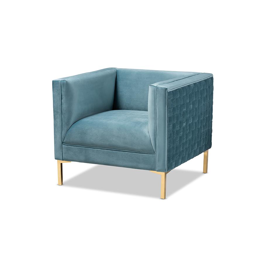 Luxe Light Blue Velvet Fabric Upholstered Gold Finished Armchair