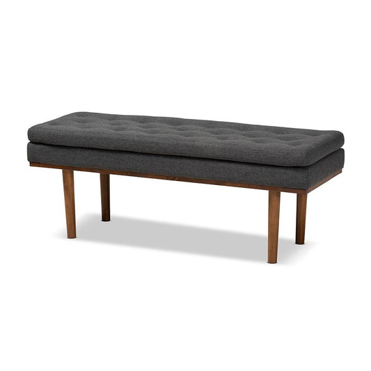 Arne Mid-Century Modern Dark Grey Fabric Upholstered Walnut Finished Bench