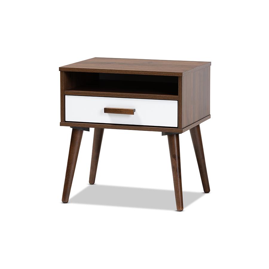 Two-Tone White and Walnut Finished 1-Drawer Wood End Table