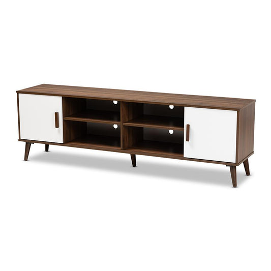 Quinn Mid-Century Modern Two-Tone White and Walnut Finished 2-Door Wood TV Stand