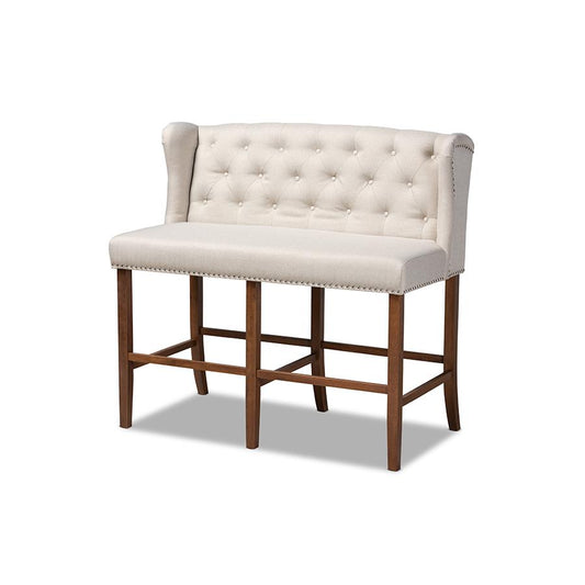 Beige Fabric Upholstered Walnut Finished Wood Button Tufted Bar Stool Bench