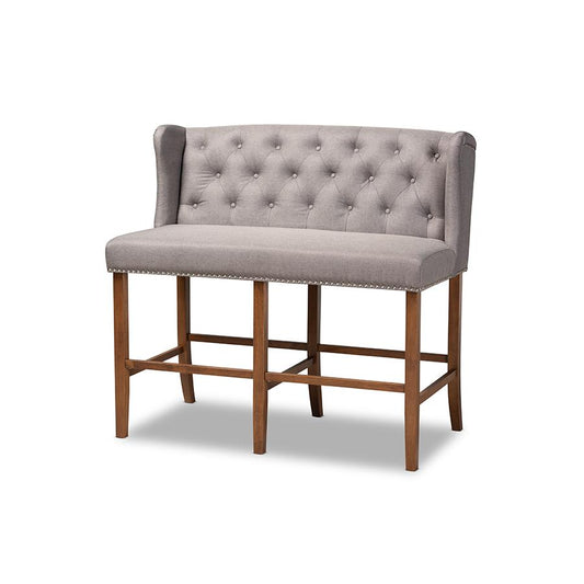 Grey Fabric Upholstered Walnut Finished Wood Button Tufted Bar Stool Bench