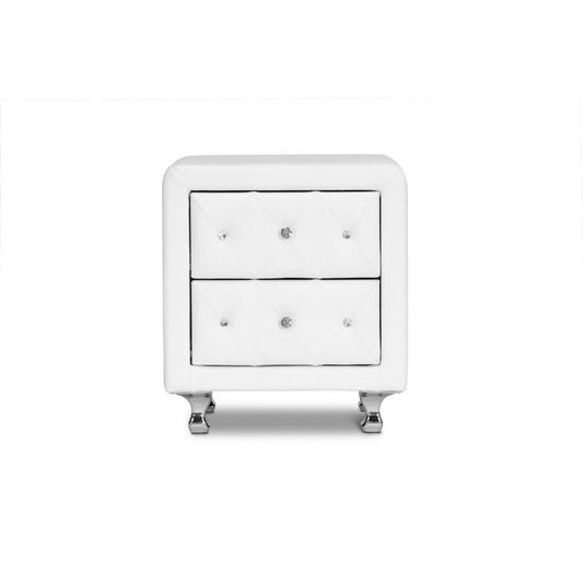 Baxton Studio Stella Crystal Tufted White Upholstered Modern Nightstand