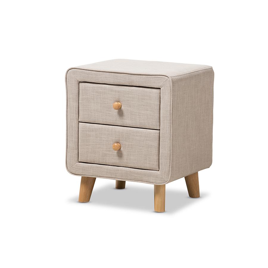 Baxton Studio Jonesy Mid-Century Beige Linen Upholstered 2-Drawer Nightstand