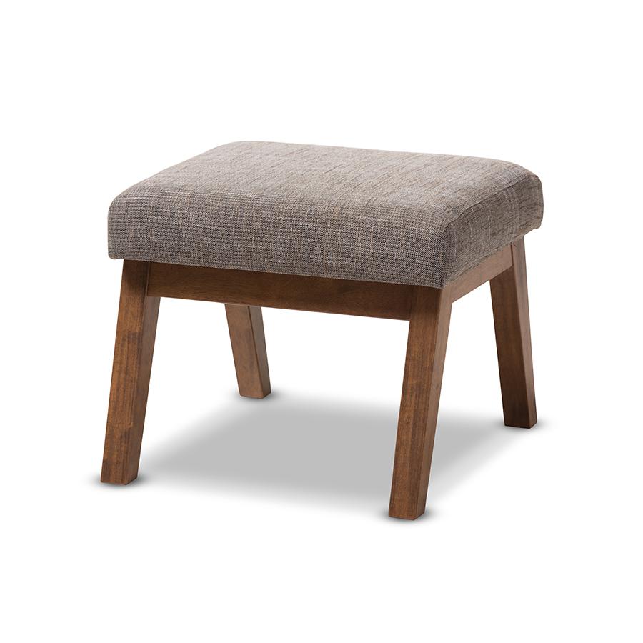 Walnut Wood Finishing and Gravel Fabric Upholstered Ottoman