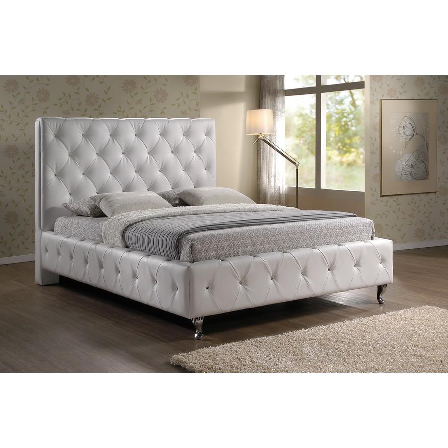 Stella Crystal Tufted White Modern Bed with Upholstered Headboard - King Size