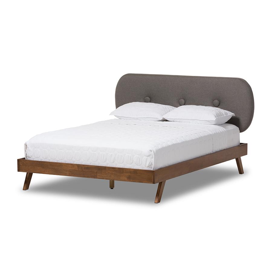 Solid Walnut Wood Grey Fabric Upholstered Full Size Platform Bed