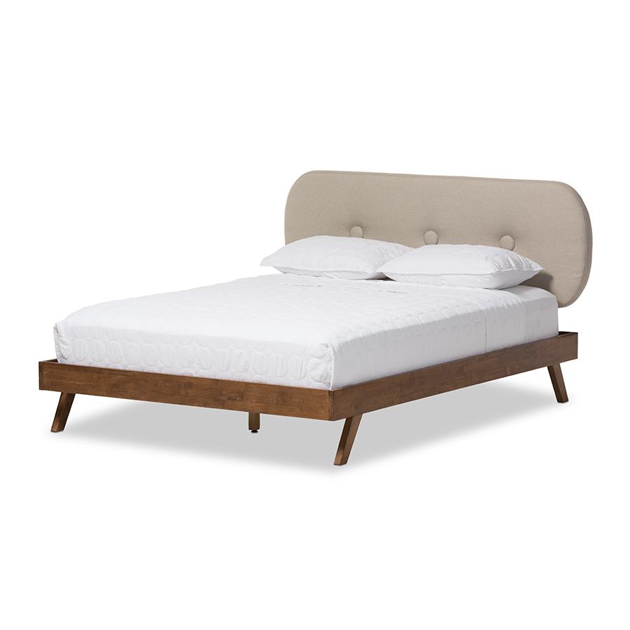 Solid Walnut Wood Light Beige Fabric Upholstered Queen Size Platform Bed