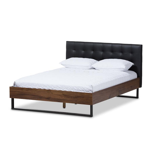 Walnut Wood Black Faux Leather Dark Bronze Metal King Size Platform Bed