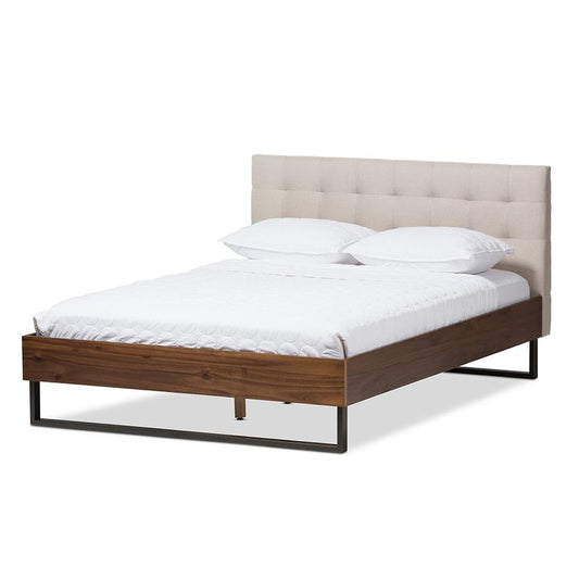 Industrial Walnut Wood Beige Fabric Dark Bronze Metal Queen Size Platform Bed