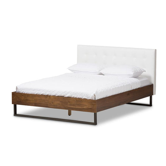 Walnut Wood White Faux Leather Dark Bronze Metal Queen Size Platform Bed