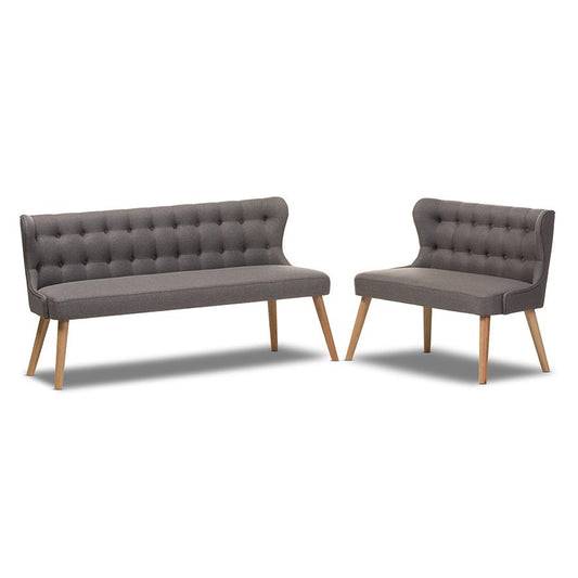 Melody Mid-Century Modern Natural Wood Finishing Grey Fabric 2-Piece Settee Set