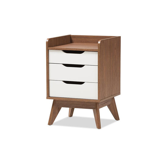 Brighton Mid-Century Modern White and Walnut Wood 3-Drawer Storage Nightstand