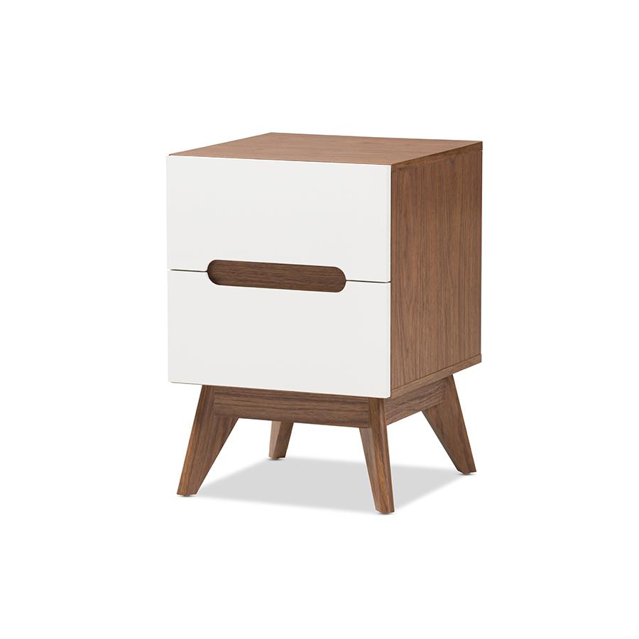 Calypso Mid-Century Modern White and Walnut Wood 3-Drawer Storage Nightstand