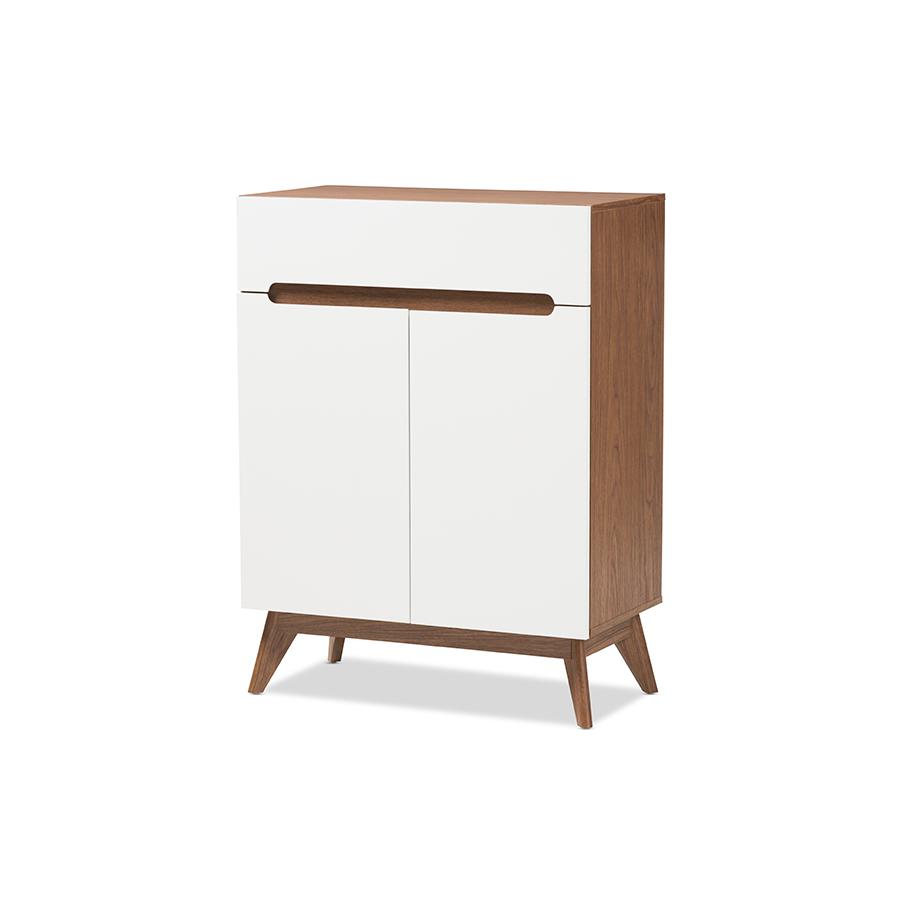 Calypso Mid-Century Modern White and Walnut Wood Storage Shoe Cabinet