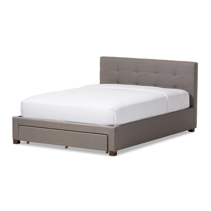 Grey Fabric Upholstered Queen Size Platform Bed with Storage Drawer