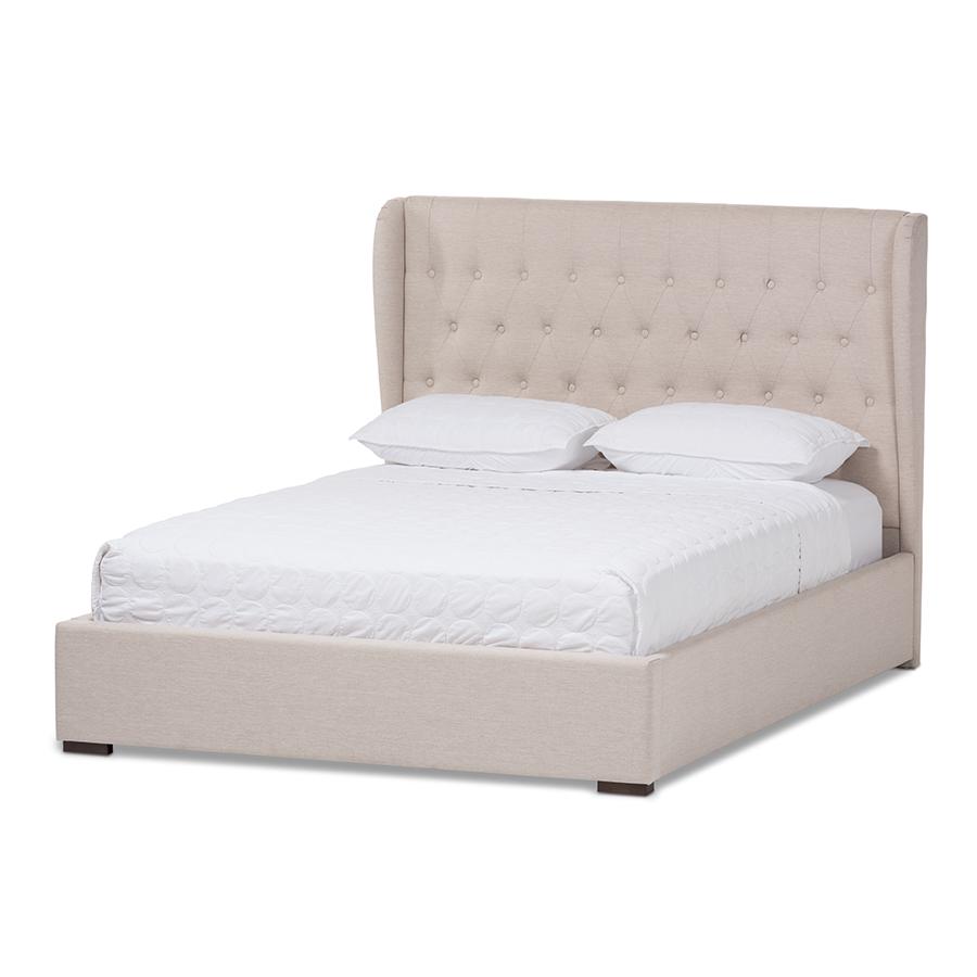 Light Beige Fabric Queen Size Gas-Lift Platform Bed