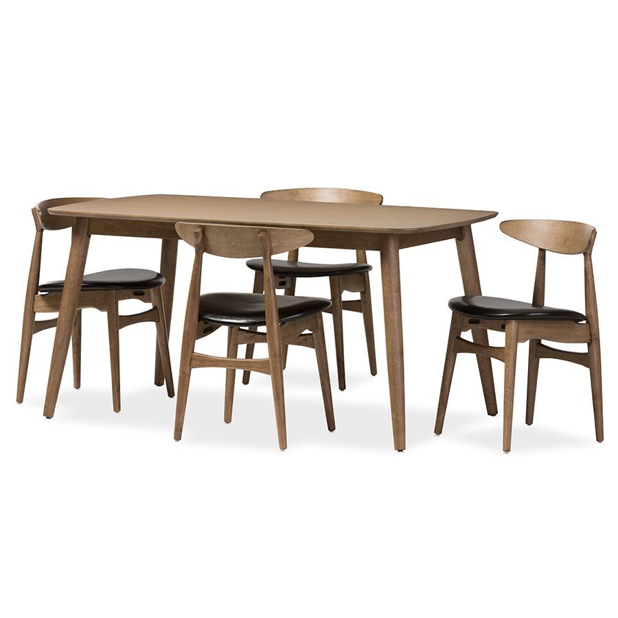 Leather and "Oak" Light Brown Finishing Wood 5-Peice Dining Set