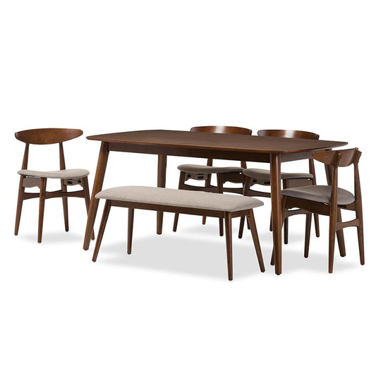 Light Grey Fabric and "Oak" Medium Brown Finishing Wood 6-Piece Dining Set