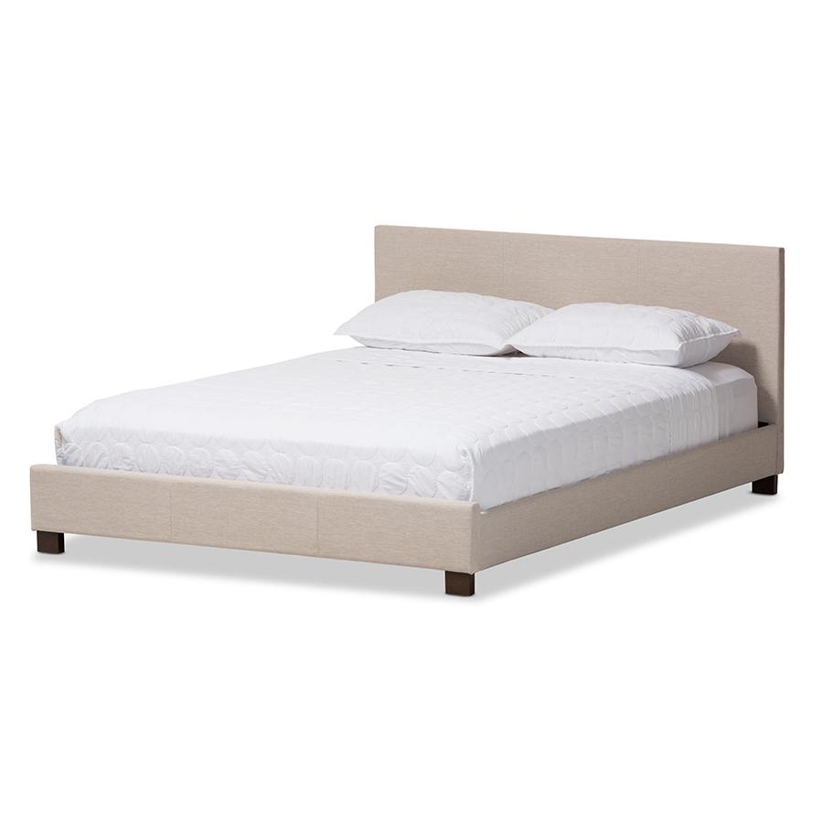 Beige Fabric Upholstered Panel-Stitched Full Size Platform Bed