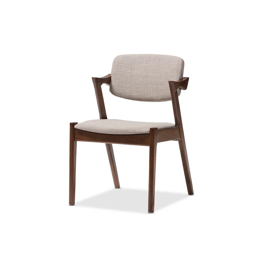 Elegant Mid-Century Dark Walnut Wood Grey Fabric Upholstered Dining Armchair