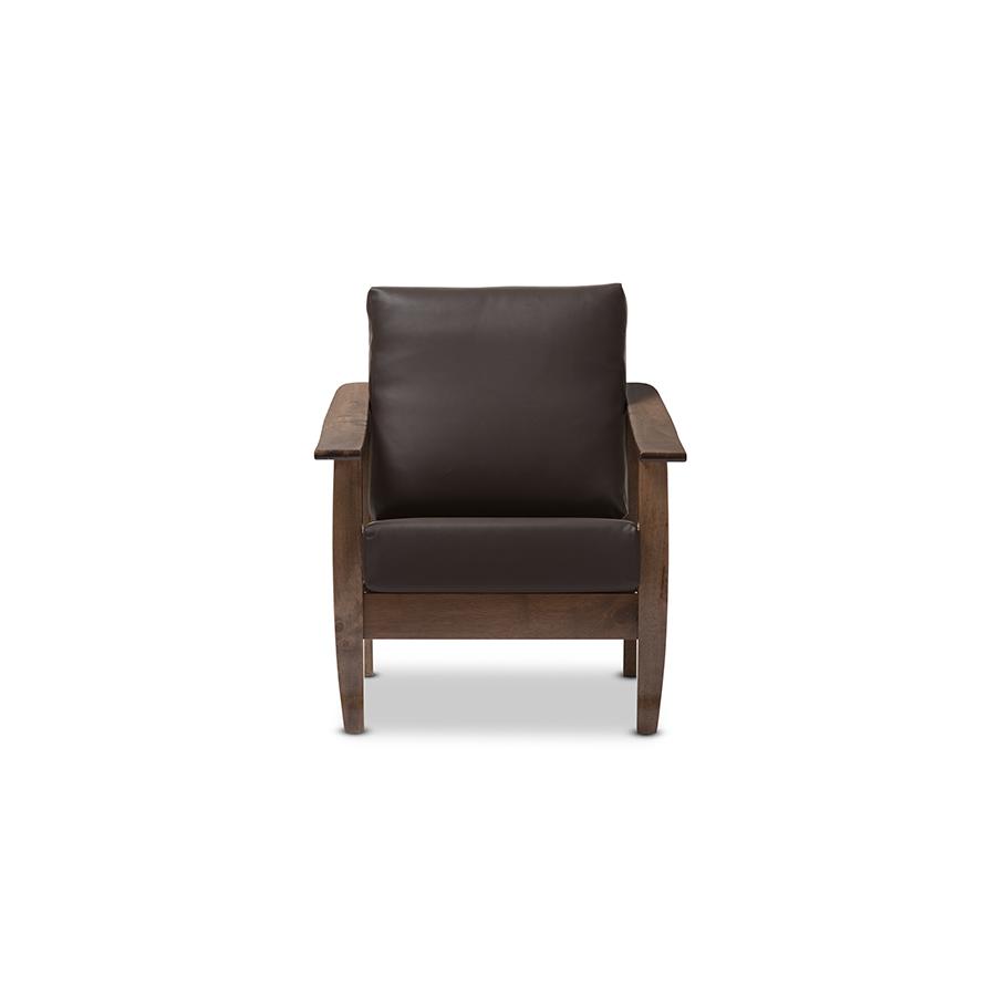 Modern Walnut Brown Wood and Dark Brown Faux Leather 1-Seater Lounge Chair