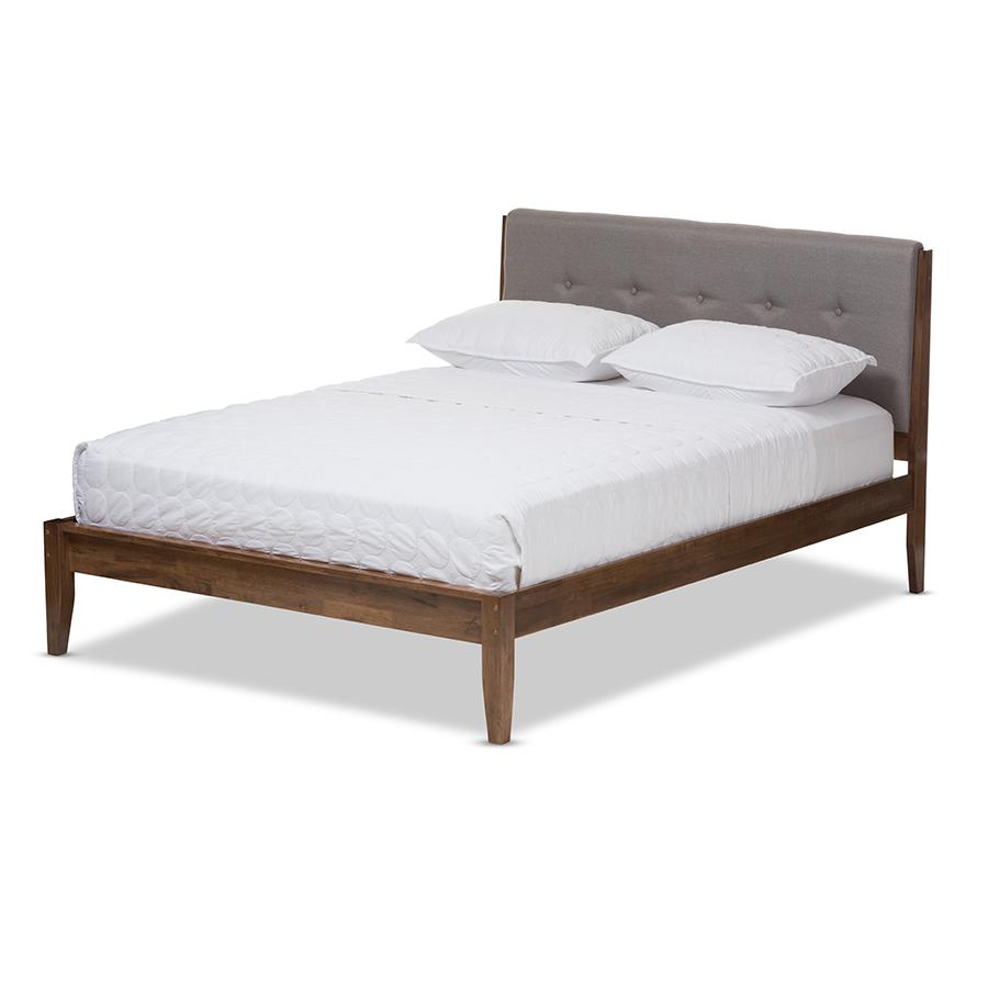 Leyton Mid-Century Light Grey Fabric and Medium Brown Finish Wood King Size Platform Bed