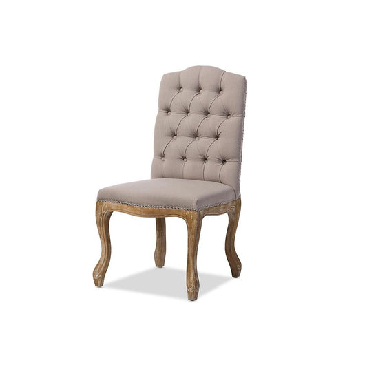 Cottage Weathered Oak Beige Fabric Button-tufted Upholstered Dining Chair