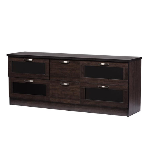 Adelino 63 Inches Dark Brown Wood TV Cabinet with 4 Glass Doors and 2 Drawers