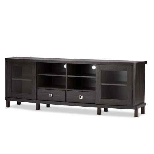 70-Inch Greyish Dark Brown Wood TV Cabinet with 2 Sliding Doors and 2 Drawers