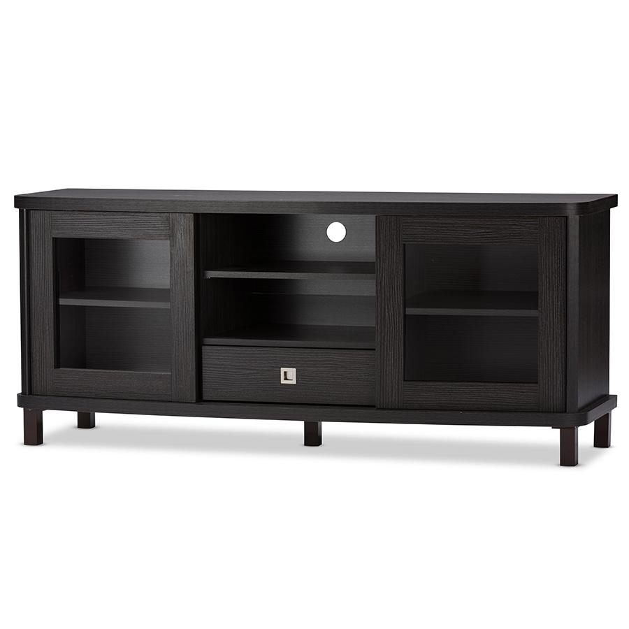 60-Inch Greyish Dark Brown Wood TV Cabinet with 2 Sliding Doors and 1 Drawer