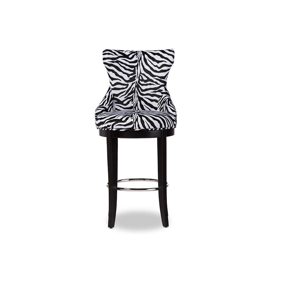 Zebra-print Patterned Fabric Upholstered Bar Stool with Metal Footrest