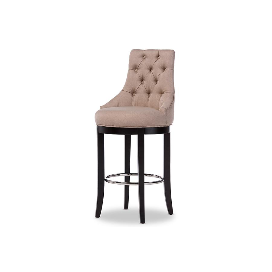 Button-tufted Beige Fabric Upholstered Bar Stool with Metal Footrest