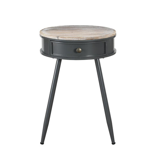 Round Table With Wood Fir Top, Gray Metal Base With Drawer