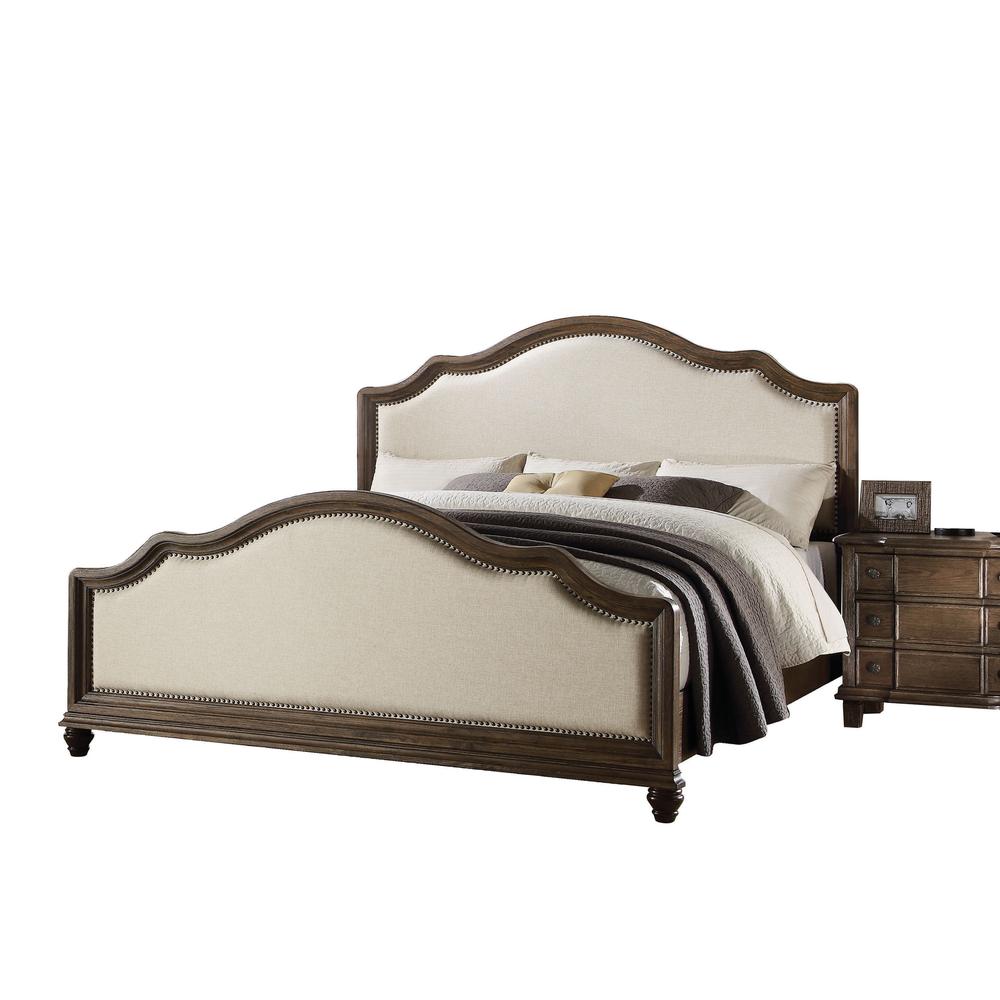 Baudouin Queen Bed, Beige Linen & Weathered Oak (1Set/3Ctn)