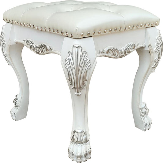 Dresden II Synthetic Leather & Bone White Finish Vanity Stool