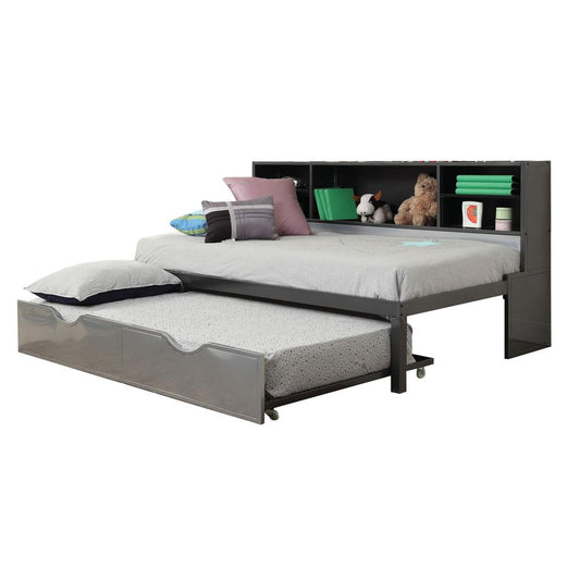 Renell Twin Bed w/Bookcase & Trundle, Black & Silver