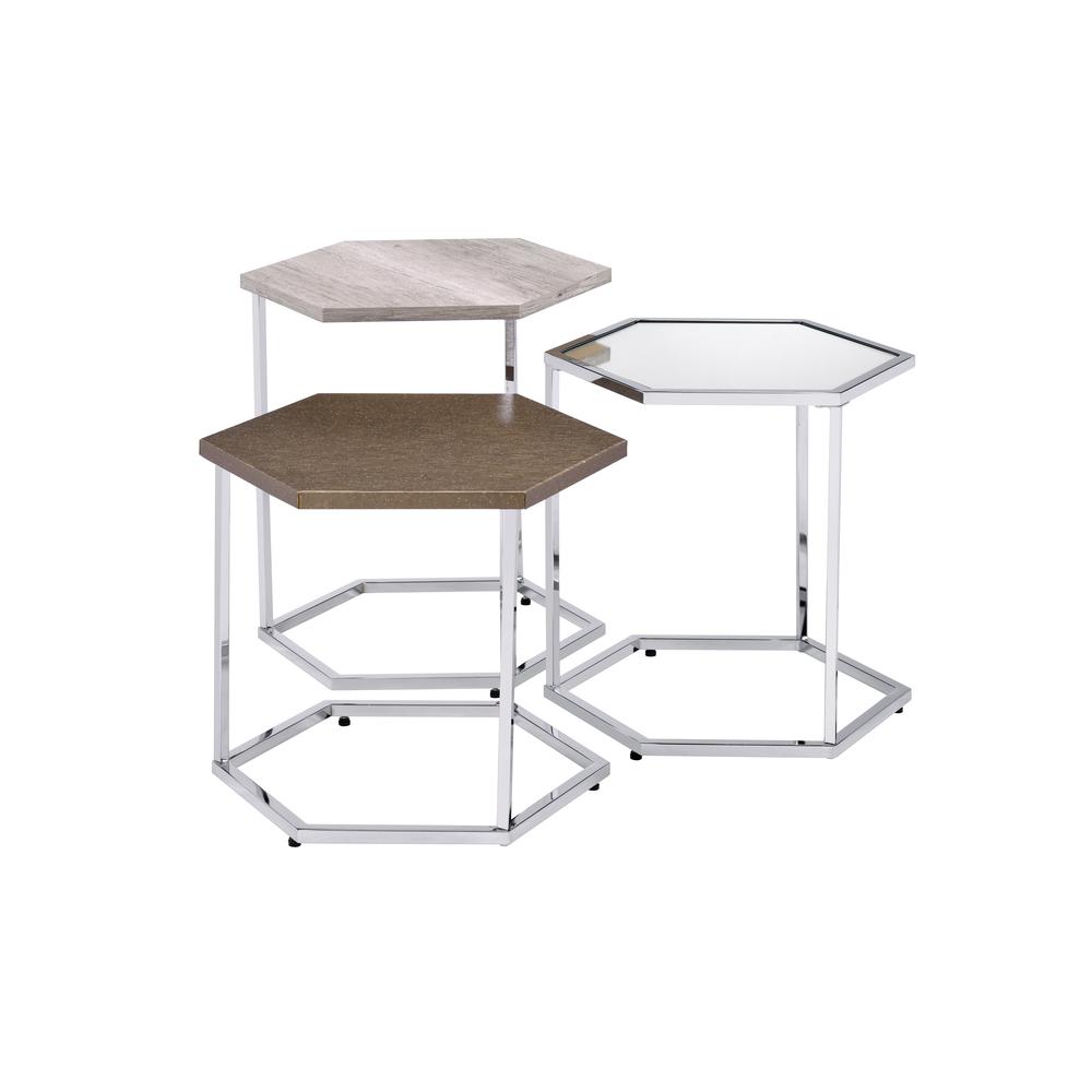 Simno Nesting Tables, Clear Glass, Taupe, Gray Washed & Chrome Finish (82105)