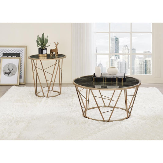 End Table, Faux Black Marble Glass & Champagne Finish 83302