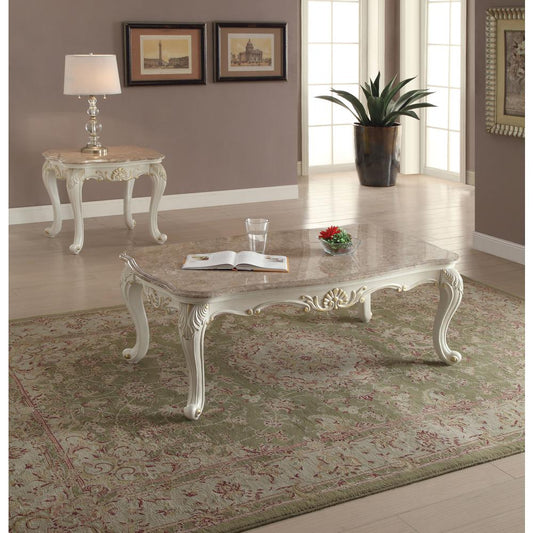 Coffee Table w/Marble Top, Marble & Pearl White 83540