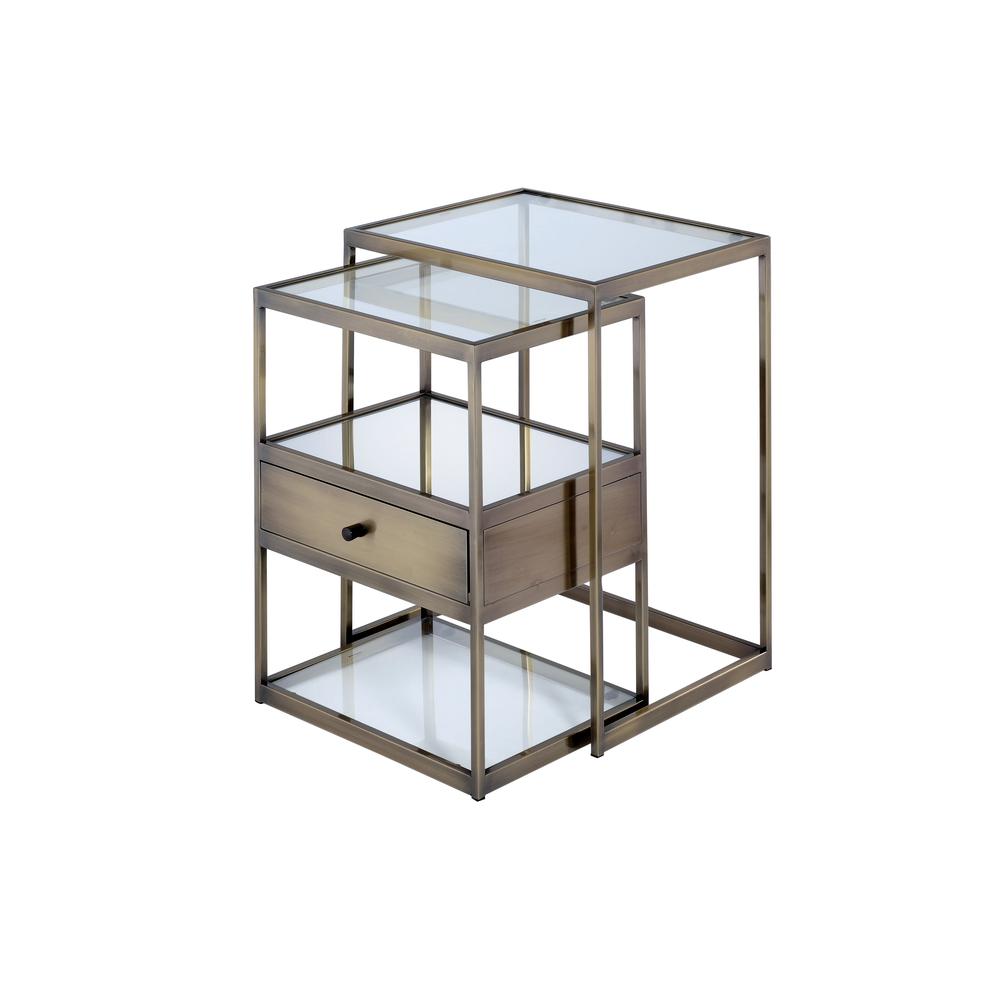 Enca 2Pc Pack Nesting Tables Set, Antique Brass & Clear Glass