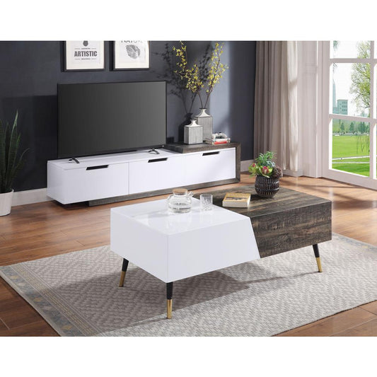 ACME Orion Coffee Table, White High Gloss & Rustic Oak