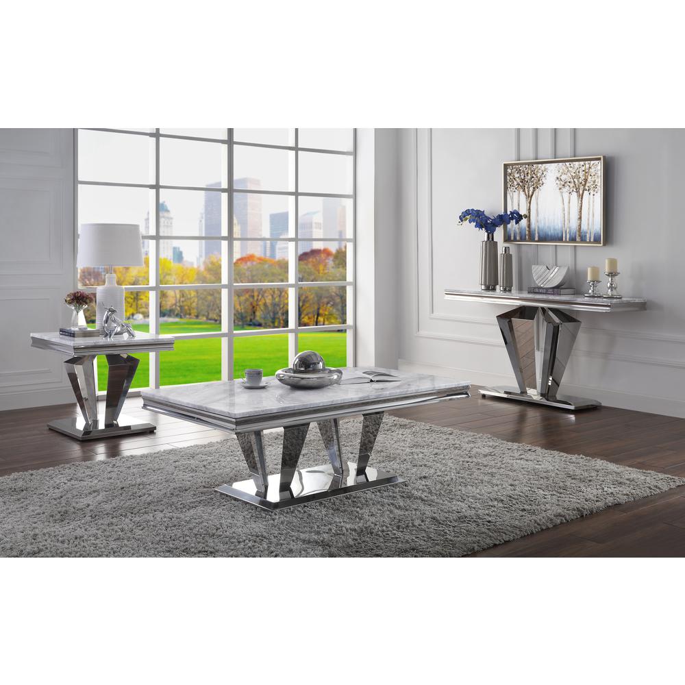 ACME Satinka Coffee Table, Light Gray Printed Faux Marble & Mirrored Silver Finish