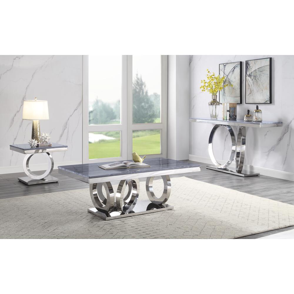 ACME Zasir Coffee Table, Gray Printed Faux Marble & Mirrored Silver Finish