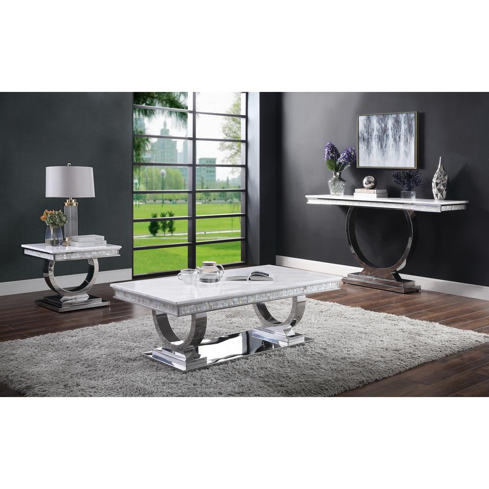 ACME Zander Coffee Table, White Printed Faux Marble & Mirrored Silver Finish