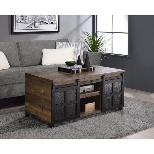 Coffee Table, Obscure Glass, Rustic Oak & Black Finish 87955