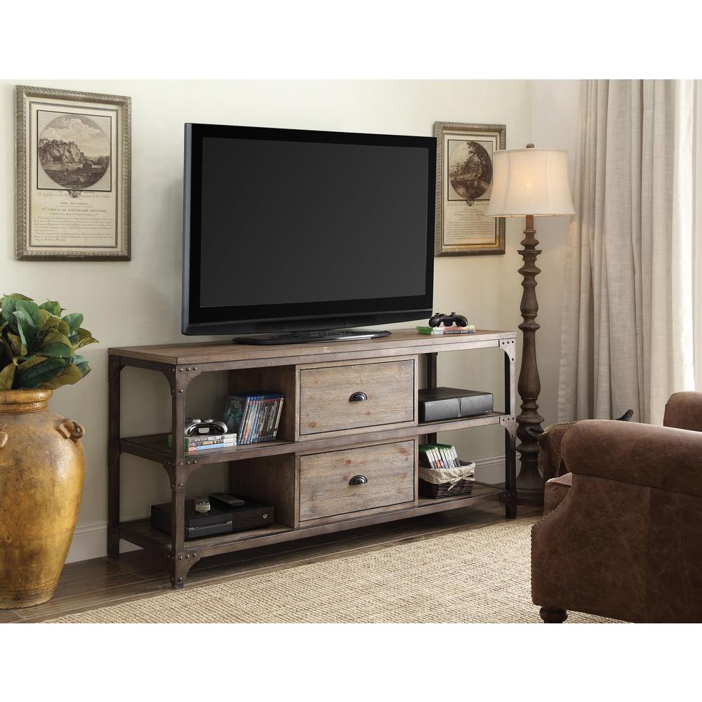 Gorden TV Stand, Weathered Oak & Antique Silver (1Set/2Ctn)