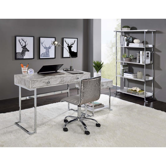 Writing Desk, White Printed Faux Marble & Chrome Finish 92615